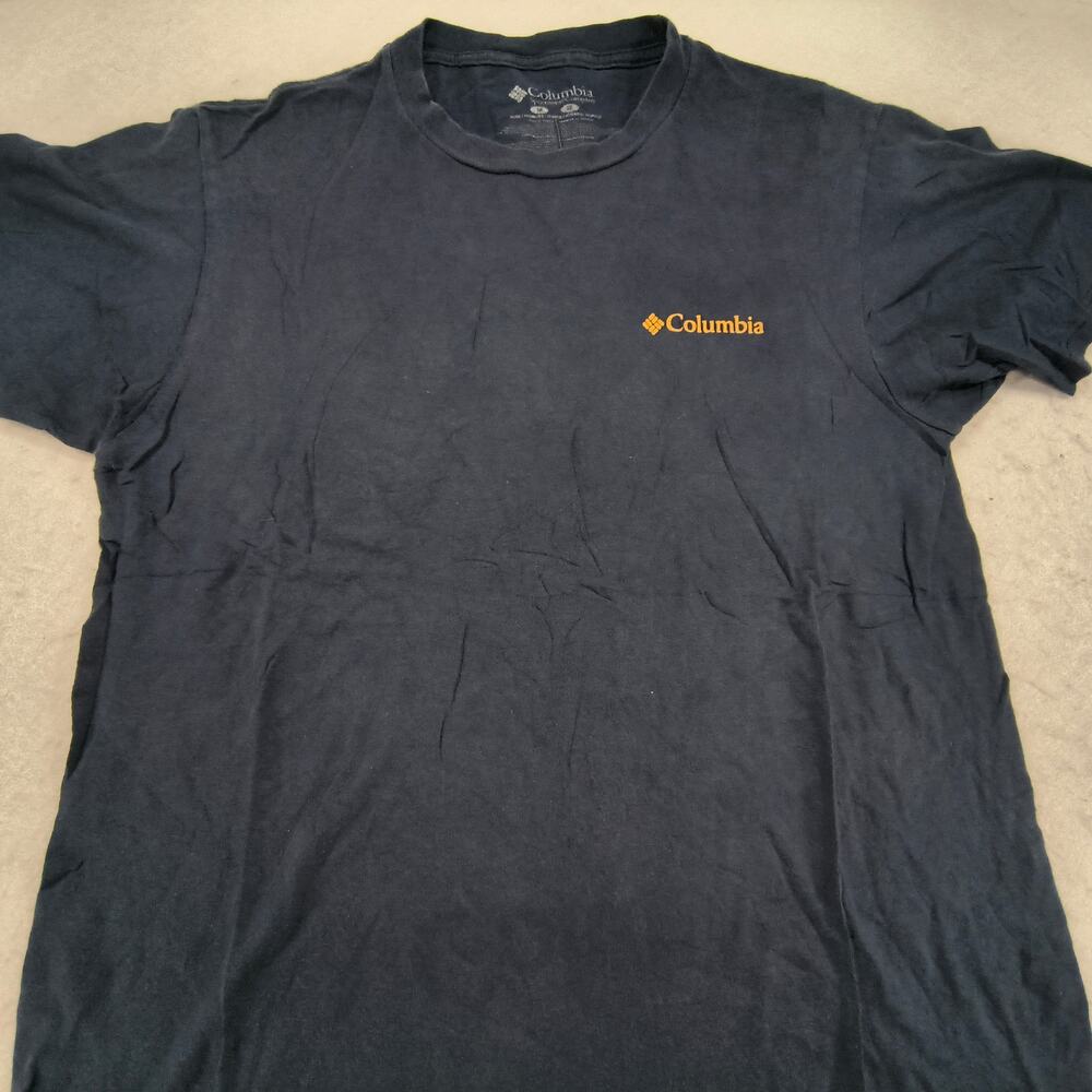 Columbia Short Sleeve Crew Neck Graphic Shirt Mens Size Medium M Navy Yellow